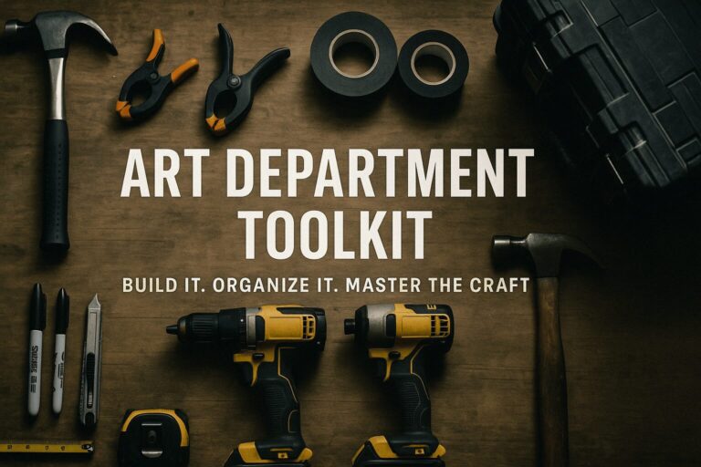 Flat lay of essential art department tools for film and TV production.