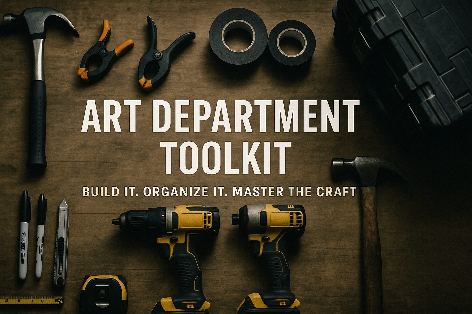 Flat lay of essential art department tools for film and TV production.